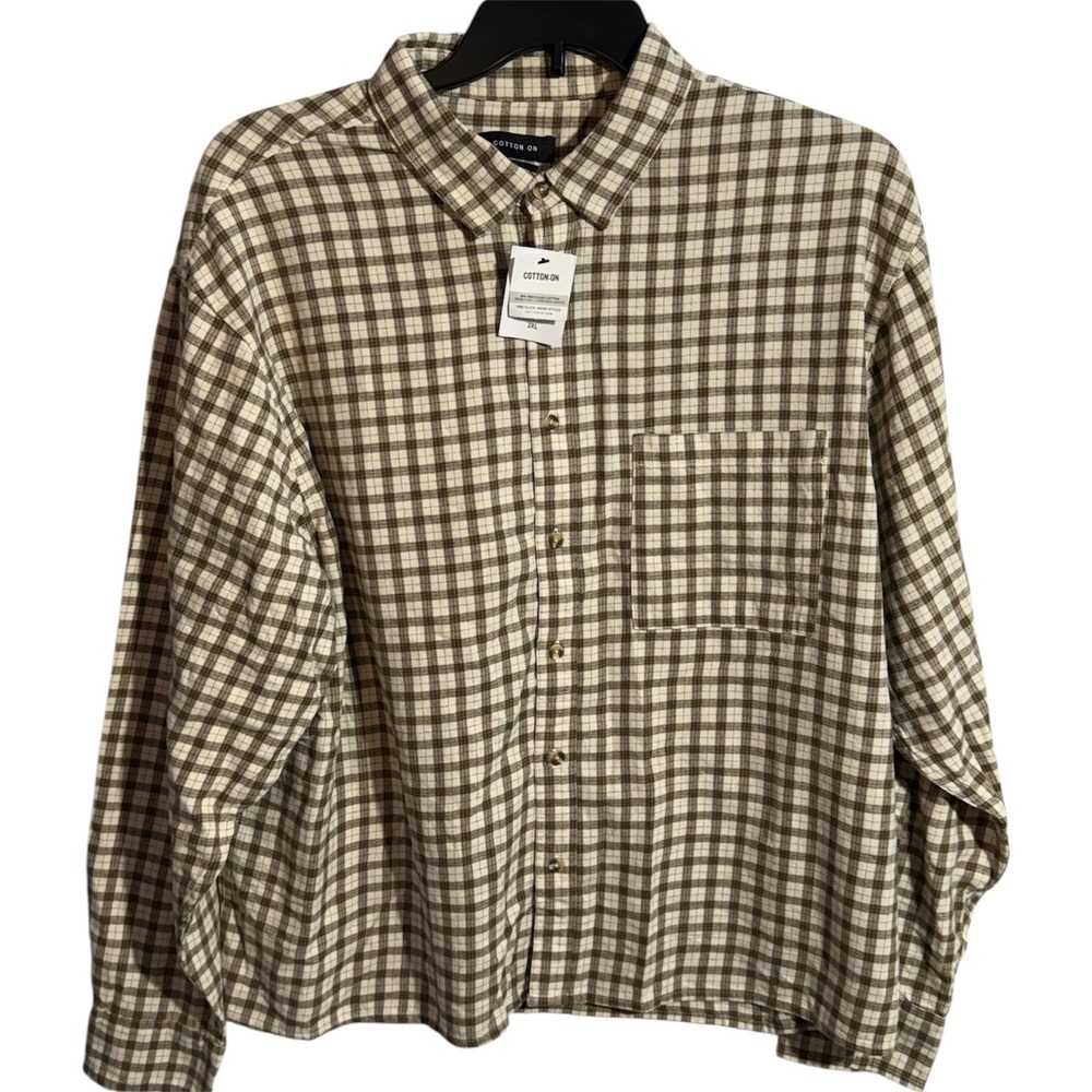 Cotton on Men's Tribeca Oversized Long Sleeve Shirt Stone‎ Mini Check  size  2XL